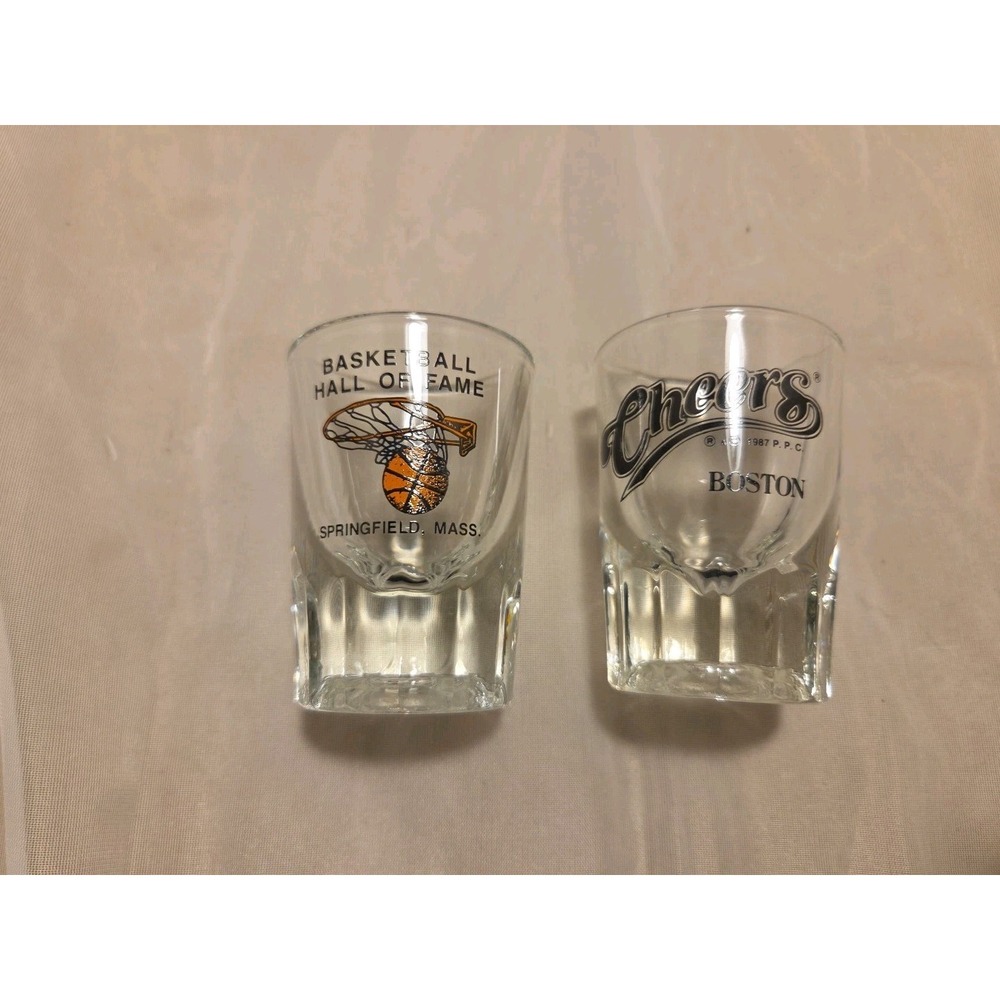 3in Heavy Base Vtg Cheers Boston 1987 & Basketball Hall of Fame Shot Glasses